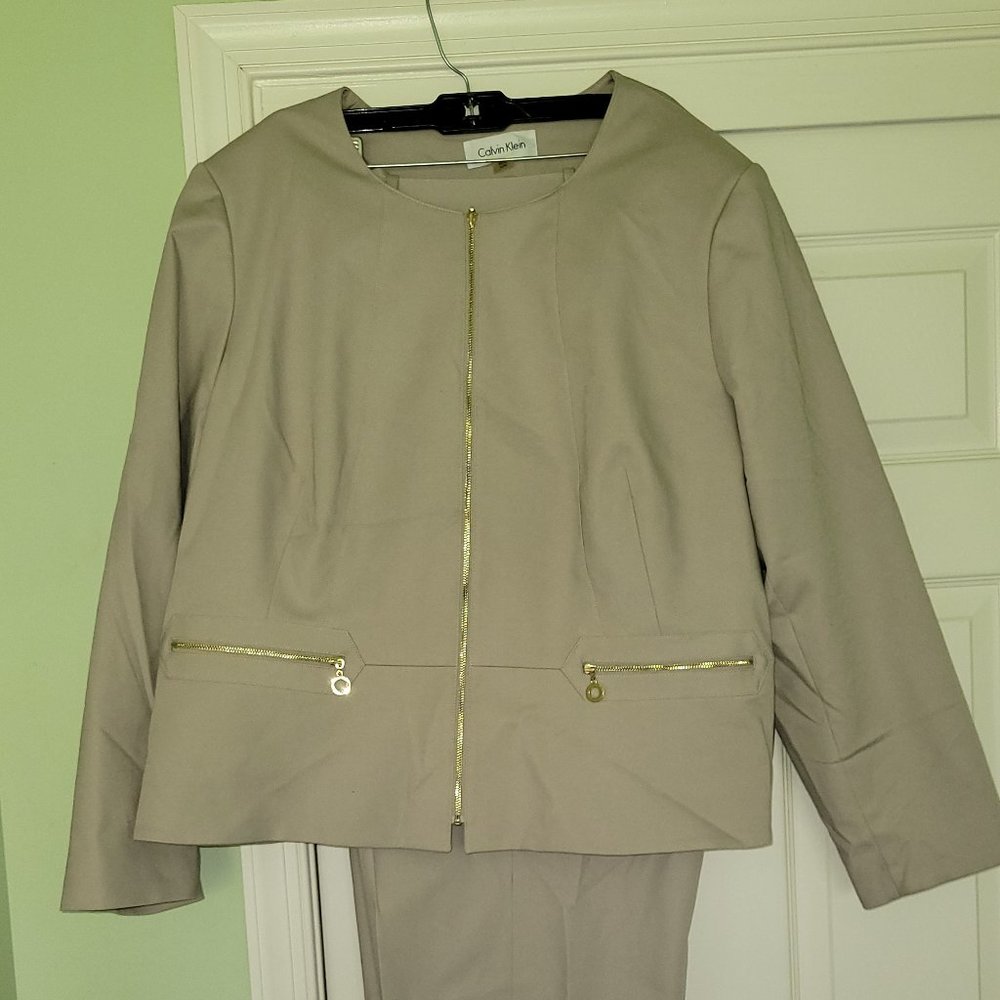 Plus & Tall Calvin Klein Khaki Colored Pantsuit with zipper detail